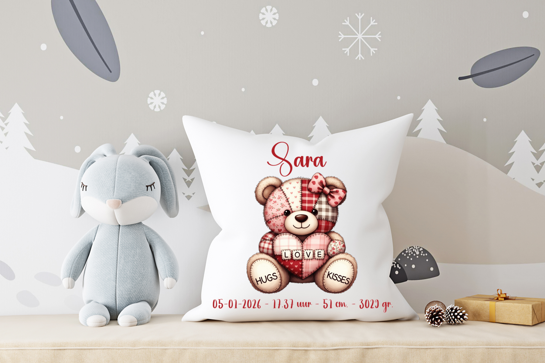 Geboorte kussen Patchwork Teddy Bear