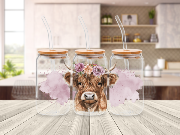 Glazen drinkbeker met rietje - libbey can glass- Highland Cow