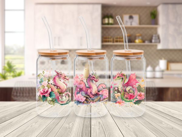 Glazen drinkbeker met rietje - libbey can glass- Asian Dragon