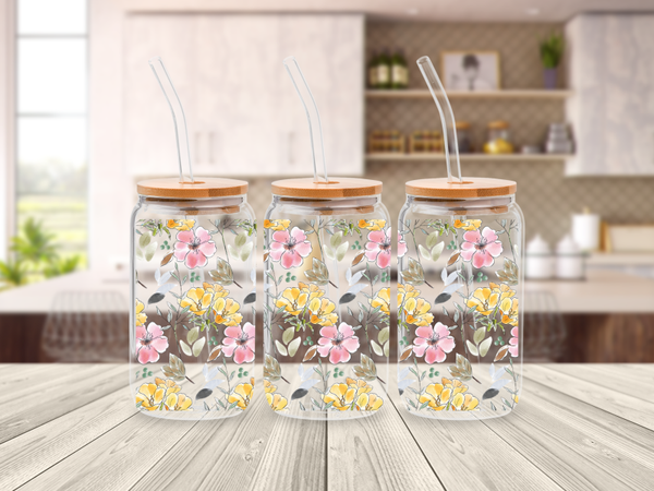 Glazen drinkbeker met rietje - libbey can glass- Spring Floral
