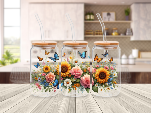 Glazen drinkbeker met rietje - libbey can glass- Spring Flowers