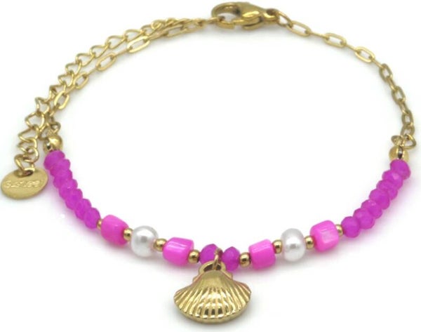 Stalen Armband met Glaskralen en Schelp – 16–21 cm