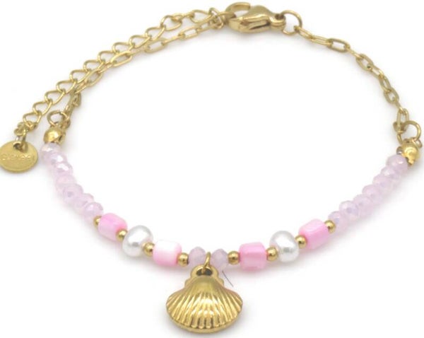 Stalen Armband met Glaskralen en Schelp – 16–21 cm