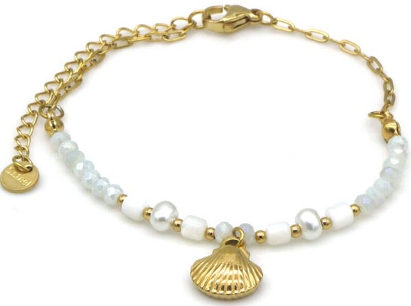 Stalen Armband met Glaskralen en Schelp – 16–21 cm