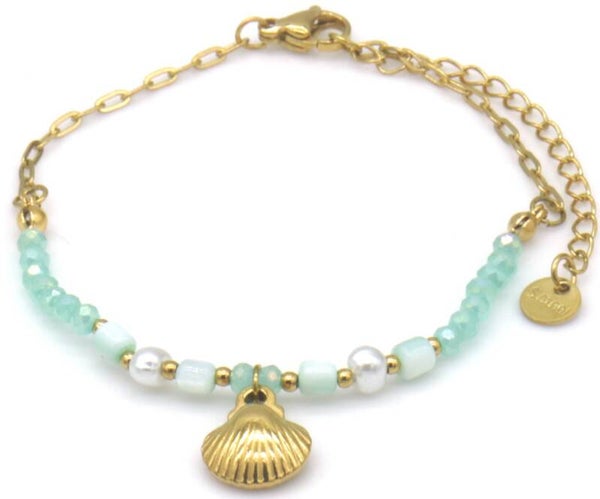 Stalen Armband met Glaskralen en Schelp – 16–21 cm