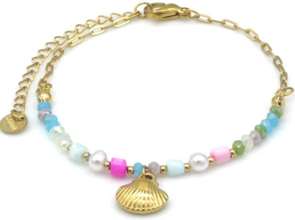 Steel Bracelet Glassbeads Shell 16-21cm