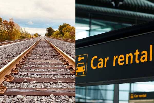 Bild zweiteilig: links Zugschienen, rechts Schild mit Aufschrift Car rental 
