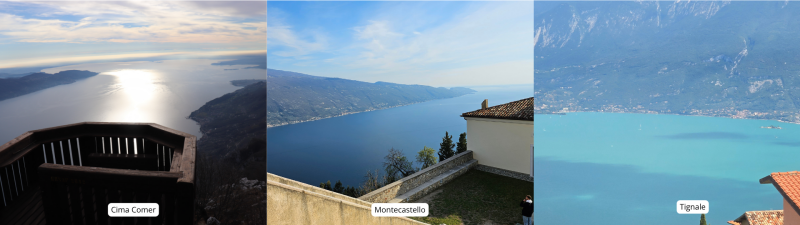 3 Bilder. Das erste zeigt einen Holzbalkon, der über dem Gardasee liegt und einen weiten Blick ermöglicht. Das zweite die Sicht von Montecastello über den blauen See. Das dritte das türkisblaue Wasser und Farbformationen im Wasser