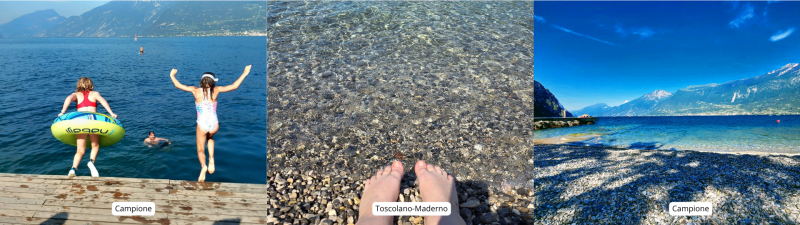 3 Bilder. Das erste Zeigt 2 Kinder, die ins Wasser springen. Das zweite Füße, die im klaren Wasser plaschen. Das dritte den Strand mit türkisblauem Wasser und Schattenspielen