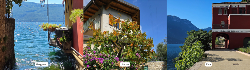 3 Bilder. Das erste zeigt eine Gasse in Gargnano, der Balkon des roten Hauses befindet sich direkt über dem Wasser. Das zweite zeigt einen Baum vor einem Haus in Limone, an dem Baum sind lila Blüten. Das dritte zeigt ein altes, rotes Zollhäuschen in Riva