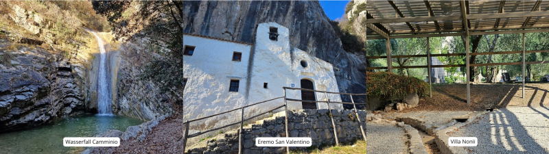 3 Bilder. Das erste zeigt einen Wasserfall, von oben fällt die Sonne auf das Wasser. Das zweite zeigt die Felsenkirche San Valentino, weißes Gebäude, direkt am Felsen. Das dritte Überreste einer römischen Villa