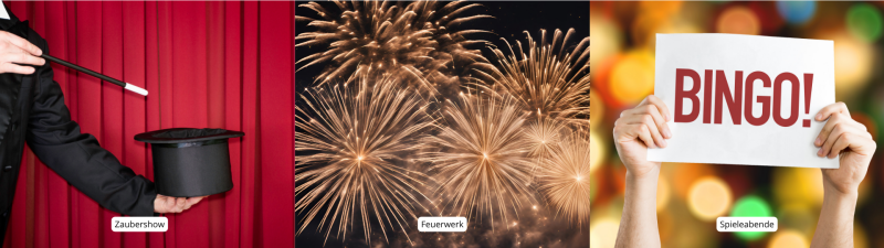 3 Bilder. Das erste ein Zauberer, der den Zauberstab über einen schwarzen Zylinder hält. Das zweite ein Feuerwerk im Nachhimmel. Das dritte zwei Hände, die ein Schild mit dem Wort "Bingo" hochhalten