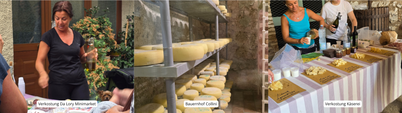 3 Bilder. Das erste eine Frau, die Olivenöl austeilt. Das zweite einen Gewölberaum mit Regalen, befüllt mit Käselaibe. Das dritte 2 Frauen, die Käse verteieln