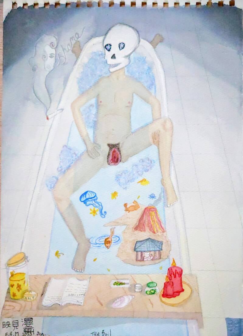 Above sets upon a child floor at the front over the bath is a wooden slat with a jar of calendula and salt a diary a shell grinder half-old spliff and jar of weed and candles to the right in the water is a small island with a volcano, a Japanese temple...
