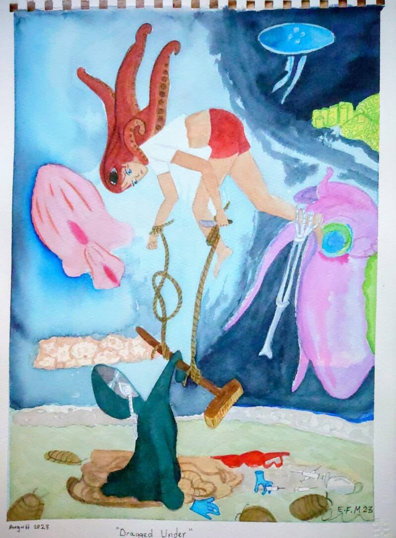 A girl with an octopus for hair tries to cut herself free from ropes tangled around the broom being held down by a hooded sweatshirt with a medical mask on on the sea bed a drug abite's and medical waste including blue gloves needles and medical masks