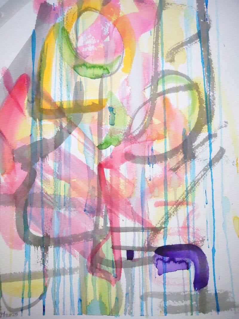 An abstract picture of a face, side on .Looking to the left. The nose is triangular and yellow with a big yellow eye the gray ear sits to the right of this the outline of the face is in gray paint splatters in red and yellow smear the page. 