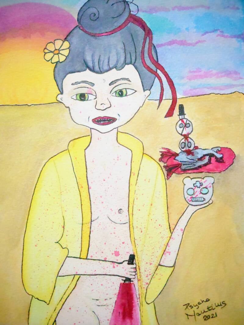 A warrior in a yellow kimono pulls a blade from her abdomen. In her left hand on the right hand side of the image she holds a small medical unit shaped like a bear's head. Behind her the sun sets and she is standing on sand. 