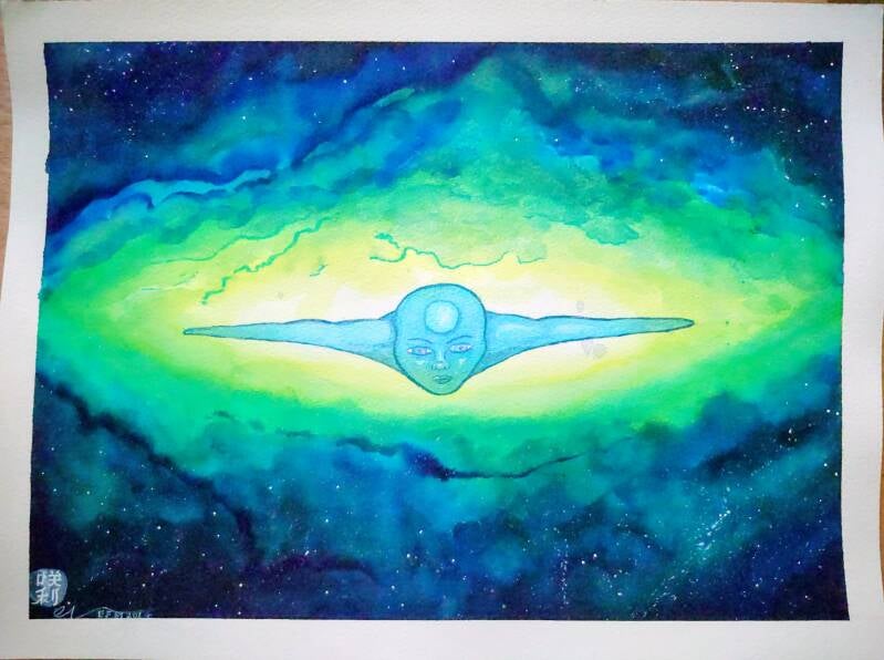 In the centre of the image is a blue face with arms outstretched as they fly. They appear to be entering the universe from another dimension around them is bright yellow then green fading out to dark blues and blacks. 