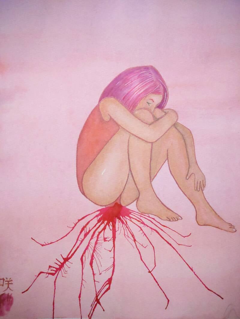 A girl sits with her knees up wearing a red leotard. She has pink hair and is looking side on towards the right. From her crotch splatters of red ink flow outward like roots. 
