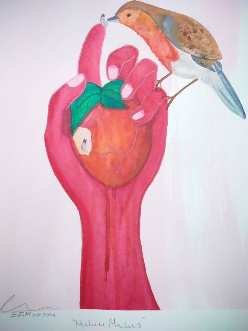 A red hand holds an apple with a maggot inside upon the index finger is another maggot which is being eaten by a robin that sits upon the babyfinger of the hand all fingers other than the index finger which is pointed upwards of clutched around the Apple.