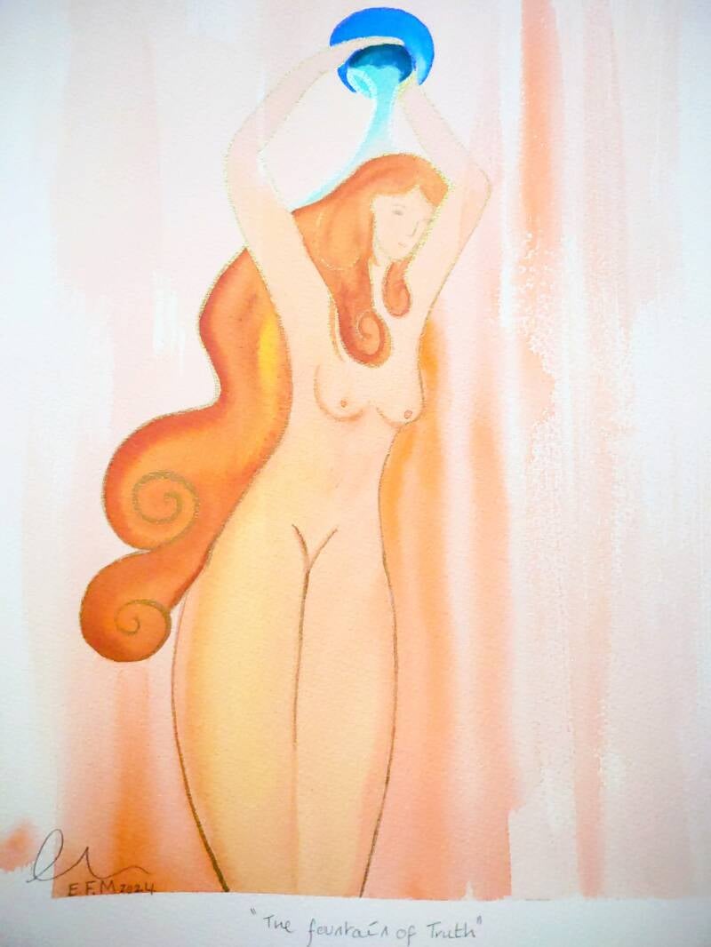  A woman with long orange hair painted in orange colors pours a blue vessel upon her head with blue flowing water coming out of it. 