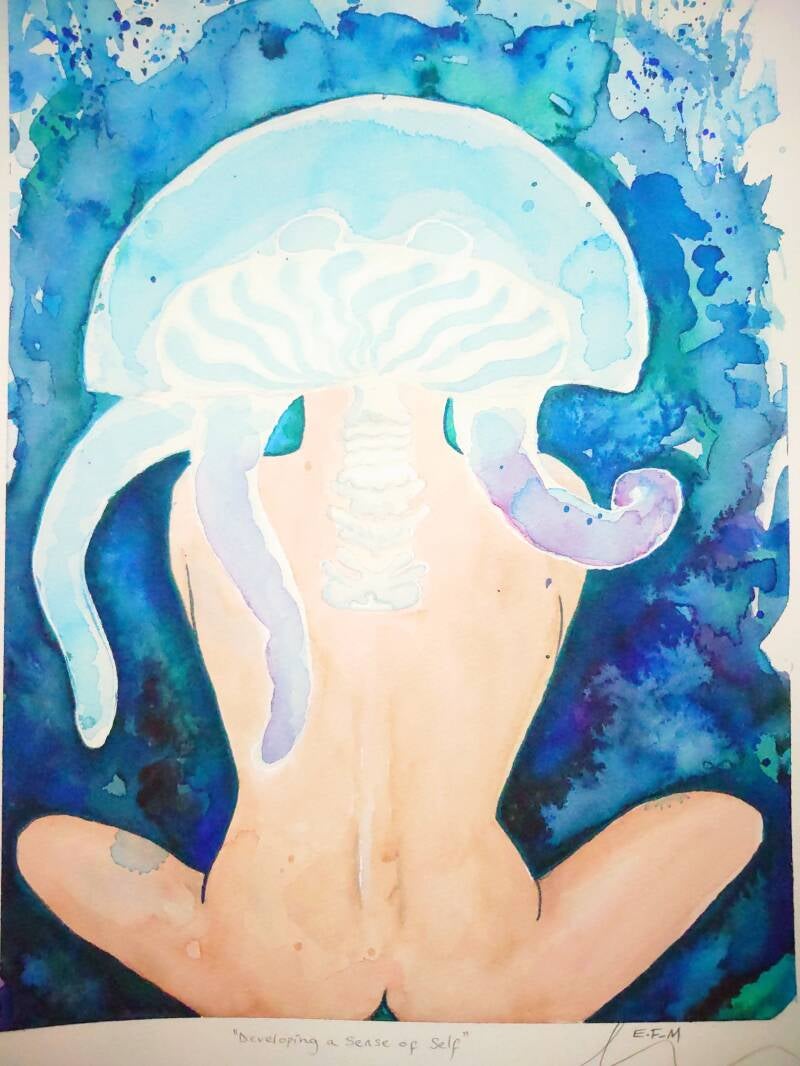 A torso sits cross-legged facing away from the image. On her back are jellyfish polyps shaped like her spine instead of a head. She has a jellyfish placed upon her torso. The background of the image it's blue and green and looks like the sea. 