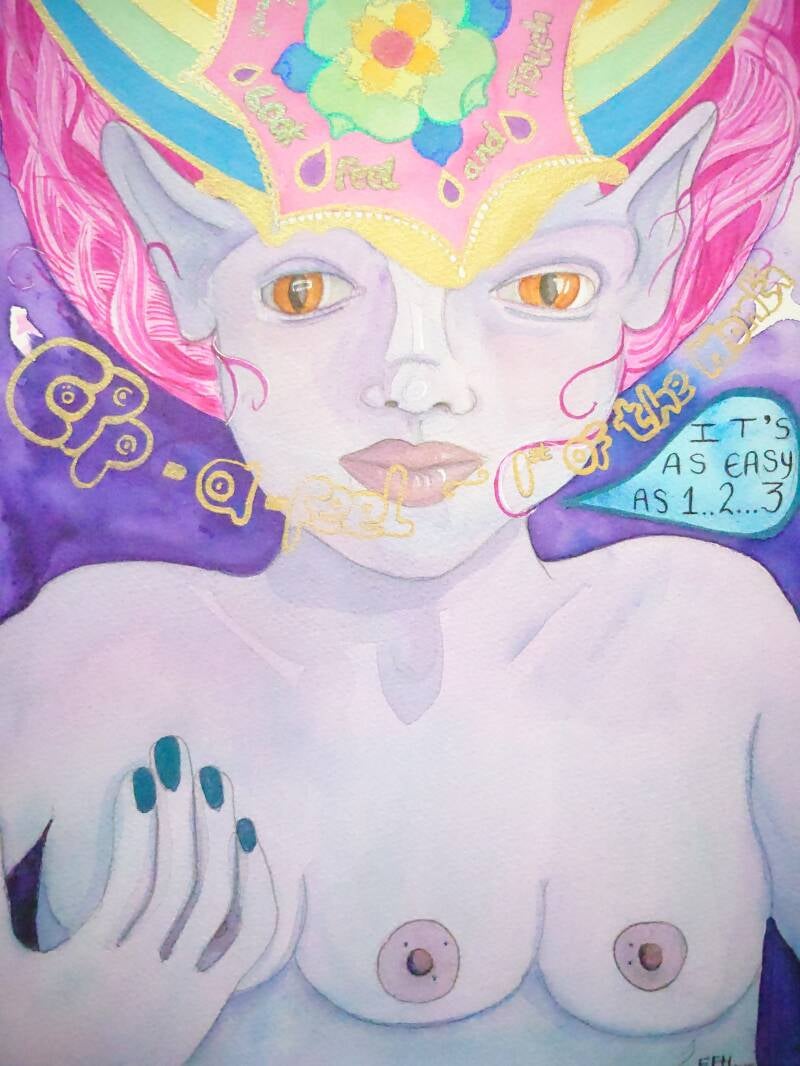 An alien woman with three breasts gives herself a chest exam. She has pointed ears like an elf and purple skin pink hair and a crown that reads look, feel and touch.