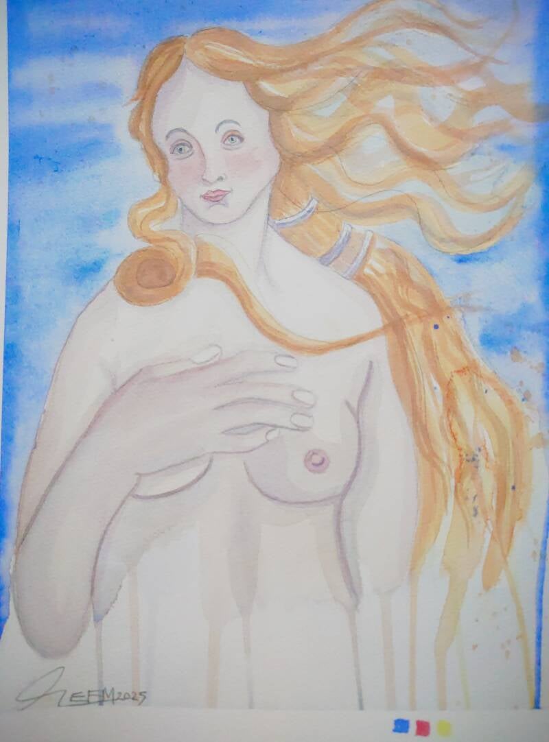 A woman with long ginger flowing hair touches her chest above her breasts behind her is a blue sky.