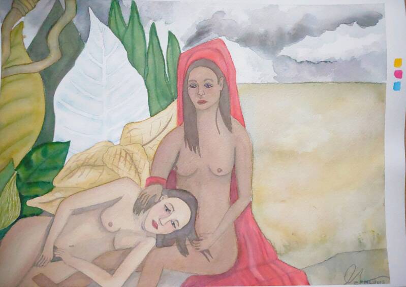 At the front seats a woman wearing a red veil, in her lap lies another woman behind them to the left are leaves, on the right is a baron empty space.