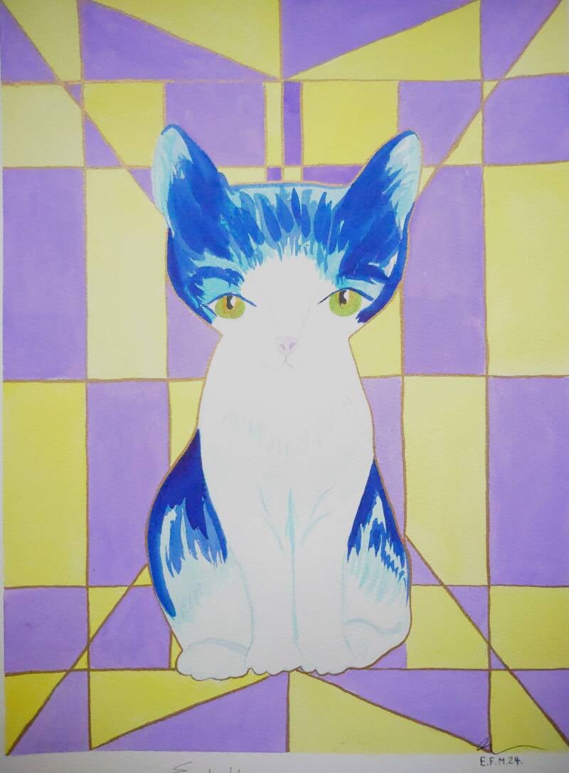 A black and white cat painted in blue shades sits in front of a geometrical background in shades of purple and yellow. 