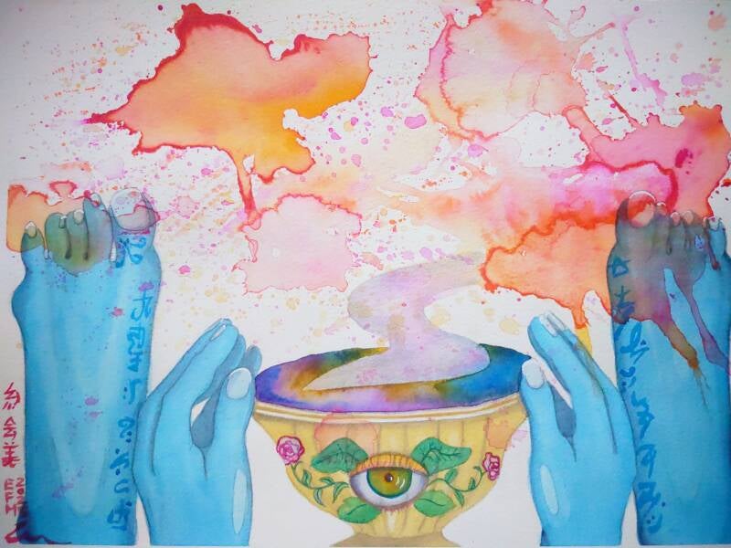 In the centre at the bottom is a cup with an eye on it. It is yellow, surrounding the eye are green leaves inside the cup is a multi-coloured liquid that pours out into an abstract splodge of pink and orange. Two blue hands hold the cup next to these two 