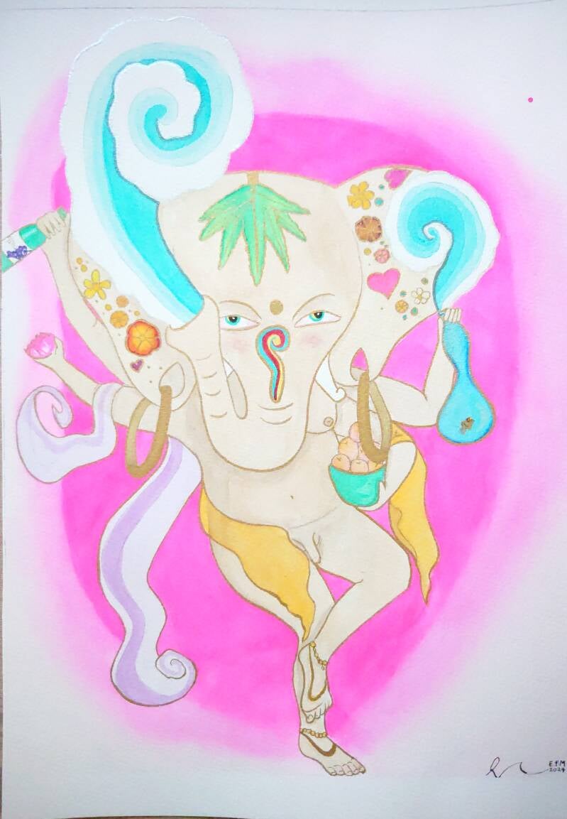 A male figure with four arms and an elephant's head from his trunk squirts blue smoke to the left, his hands hold a bottle of wine and a lotus flower to the right his hands hold a bowl of peaches and a bong.  He wears big round gold earrings and has a gan