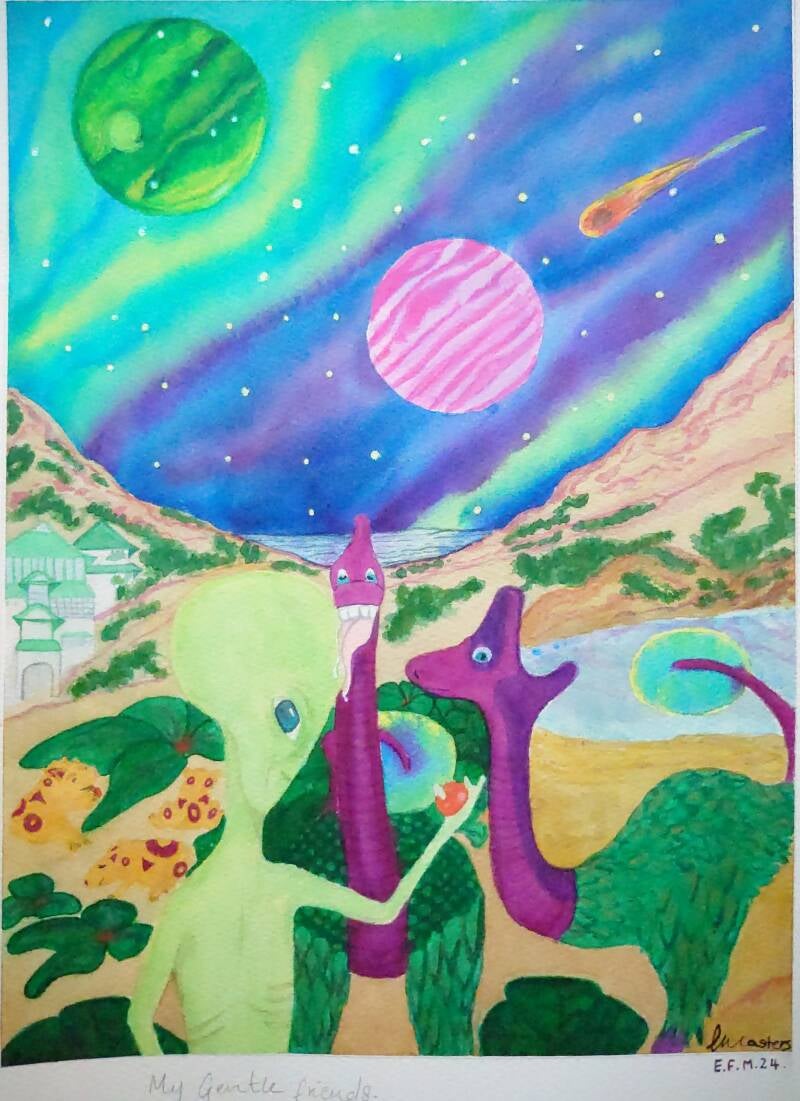 At the front of the image towards the left is a large headed green alien holding an orange ball. To the right are too tall bird-like creatures. One is face on, licking the aliens head. The two bird light creatures have green feathered bodies & purple face