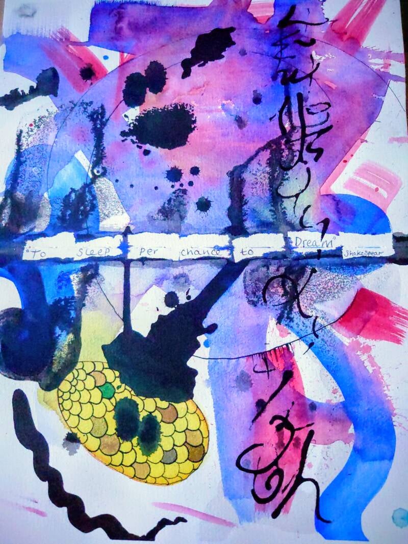 abstract colour. a golden egg in  bottom left corner. writting says" to sleep perchance to cdream" Shakespear.
