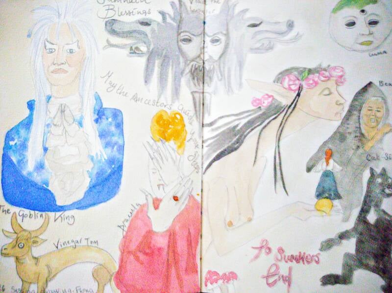 Several small drawings painted. Halloween characters including Dracula the goblin king vinegar Tom Dracula again, a fairy catsith, 
