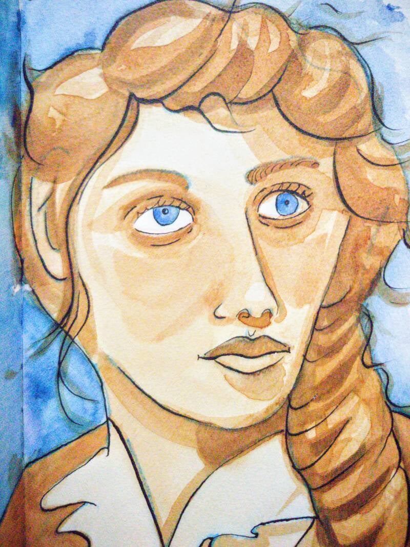 A portrait of a woman in brown tones. She has long hair in a ponytail to one side. There is a blue background around her