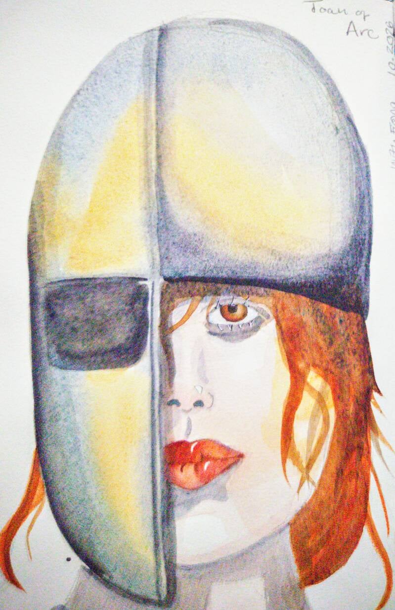 Joan of arc in a yellow and grey helmet that covers half her face