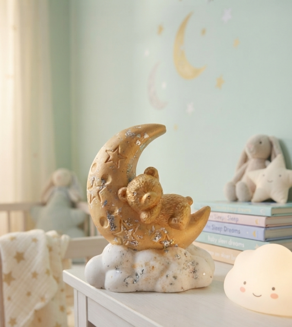 ​🌙 L'Ourson Céleste – Sujet décoratif Gypse, Or et Argent