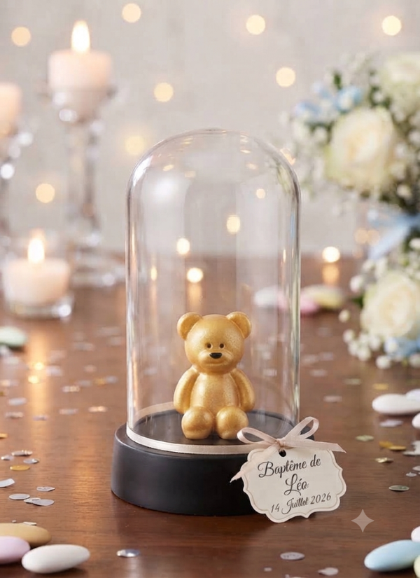 ​"L'Ourson Étincelant" – Figurine en gypse sous cloche