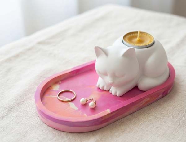Ensemble Douceur : Plateau Marbré en Gypse & Son Chat Endormi "UNIQUE"