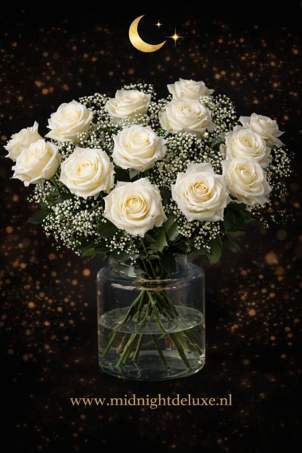 Boeket witte rozen + gratis vaas