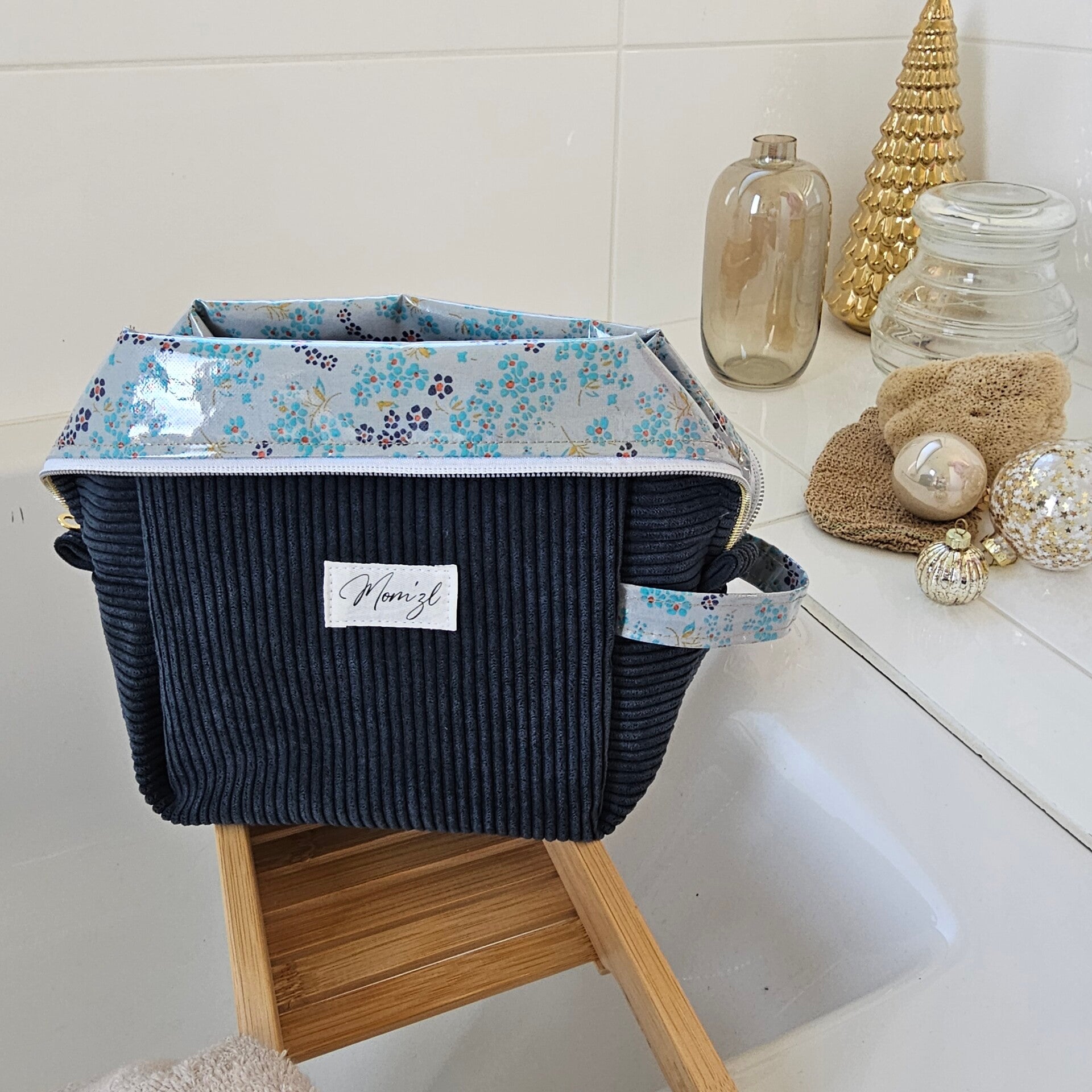 Trousse de toilette velour bleu nuit imperméable