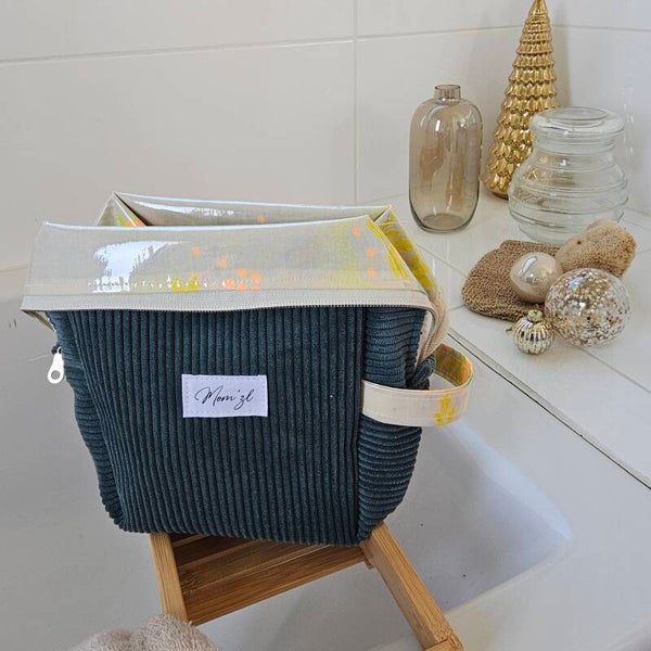 Trousse toilette velours kaki toile ciré