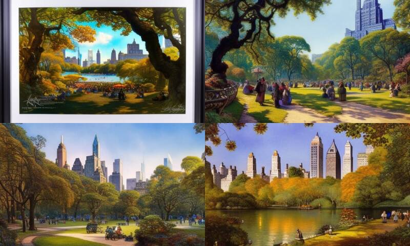 4 maal New York Central Park met mensen op het gras