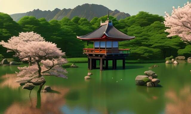 Teahouse in a Japanese garden surrounded by a pond