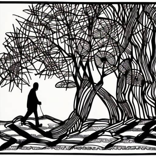Line drawing of man walking in garden with trees