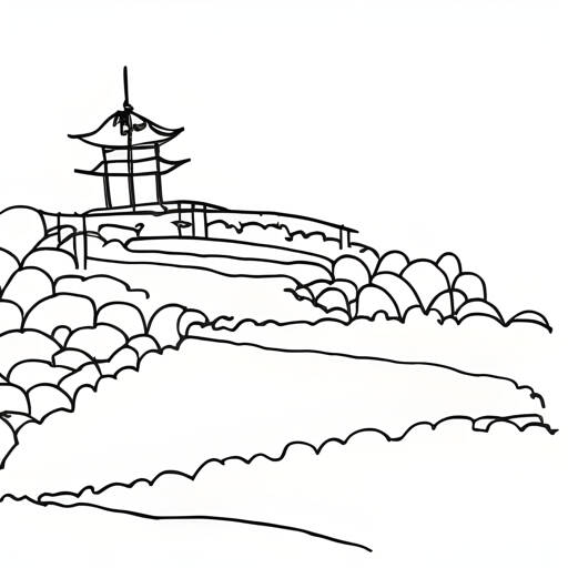 Line drawing Japanese garden with pagoda from Stable Diffusion