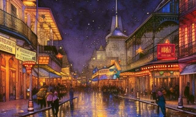 Bourbon street, New Orleans op een sfeervolle afvond