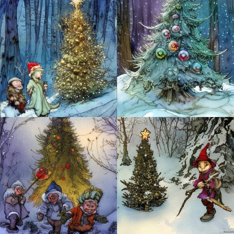 Trollen en goblins zetten een kerstboom op