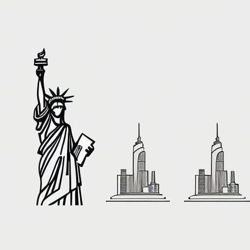 Line art Statue of Liberty plus New York skyline by Stable v2.1